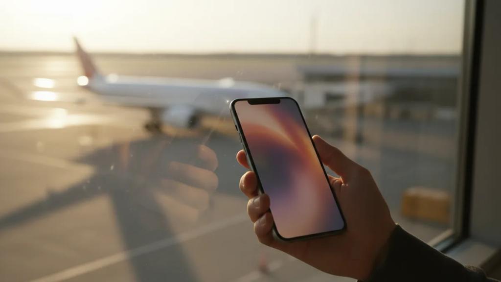 Havaalanı kapısında, yeni bağlanmış bir mobil hattı gösteren telefonunu tutan gezgin