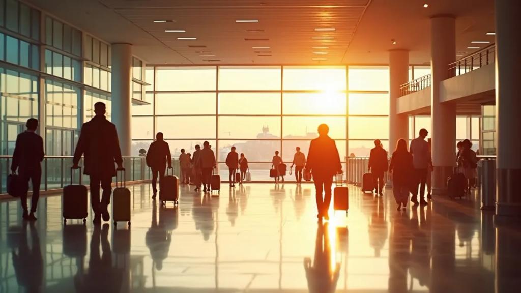 Altın saatte kalkış panosunun altında yolcularla dolu Schiphol havalimanı terminali