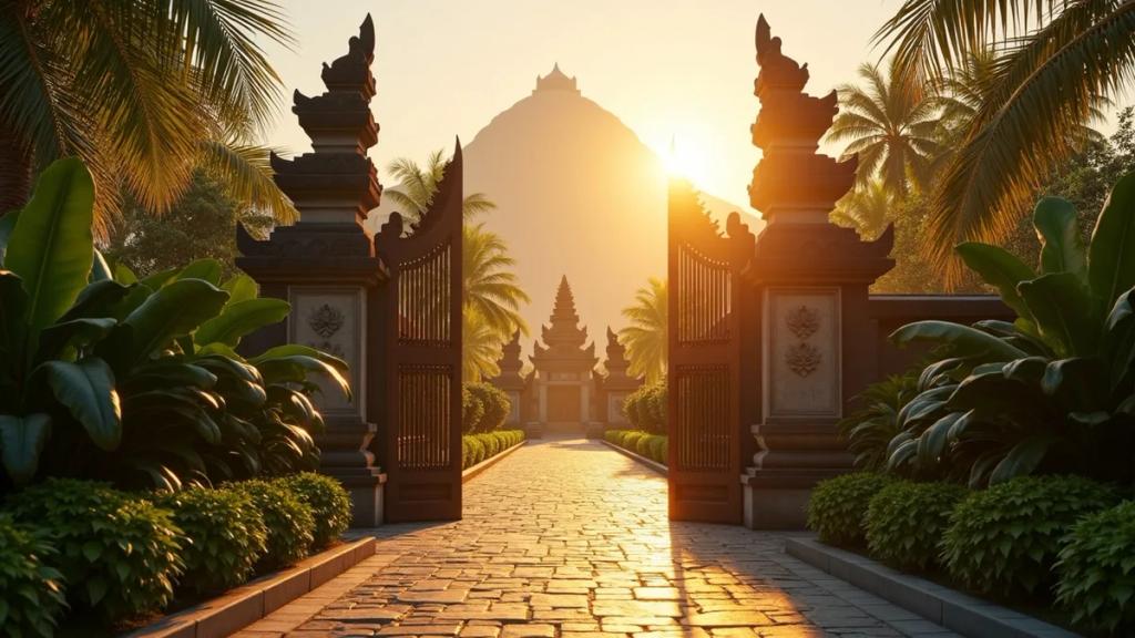Altın saatte Bali'deki Ngurah Rai havalimanı geliş alanı, yolcular ve tropikal mimari