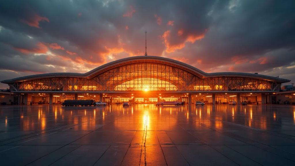 Altın saatte Suvarnabhumi havalimanının geniş çelik kafesli kalkış salonu ve yolcular
