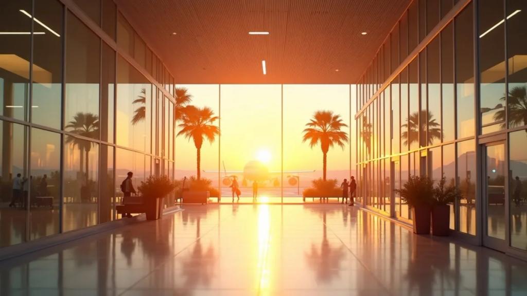 Altın saatte Barcelona El Prat havalimanı terminali ve geliş çıkışına doğru yürüyen yolcular