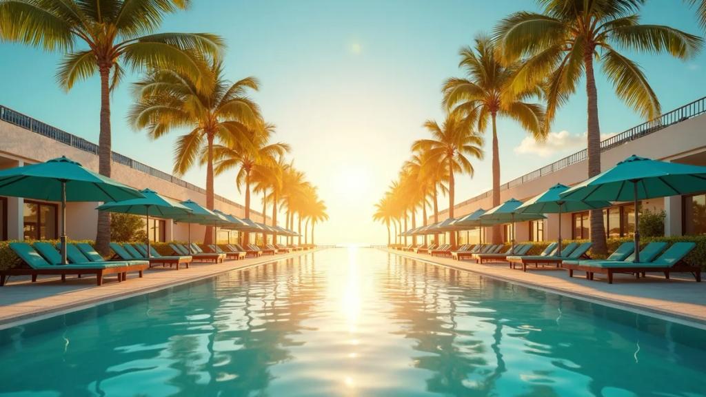 Altın saatte Cancún havalimanı geliş alanı: palmiye ağaçları ve bavullarıyla yolcular