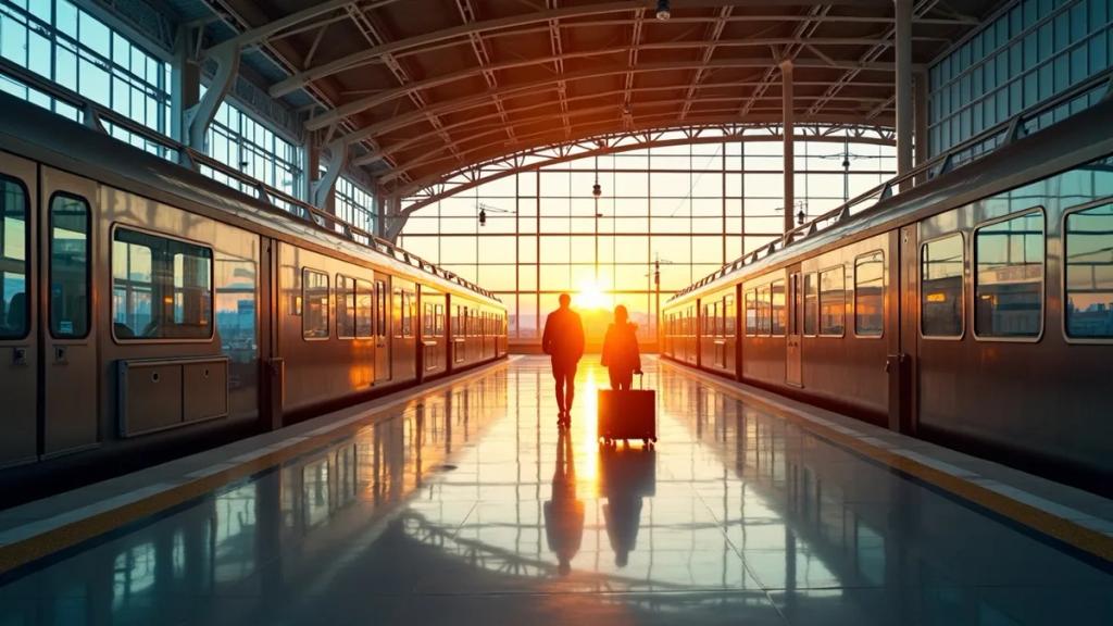 Altın saatte Frankfurt Havalimanı terminali: tren istasyonu tabelalarına doğru yürüyen yolcular