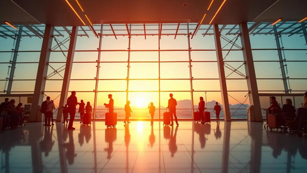Altın saatte Heathrow havalimanı terminal içi, yolcular ve uçuş bilgi ekranları