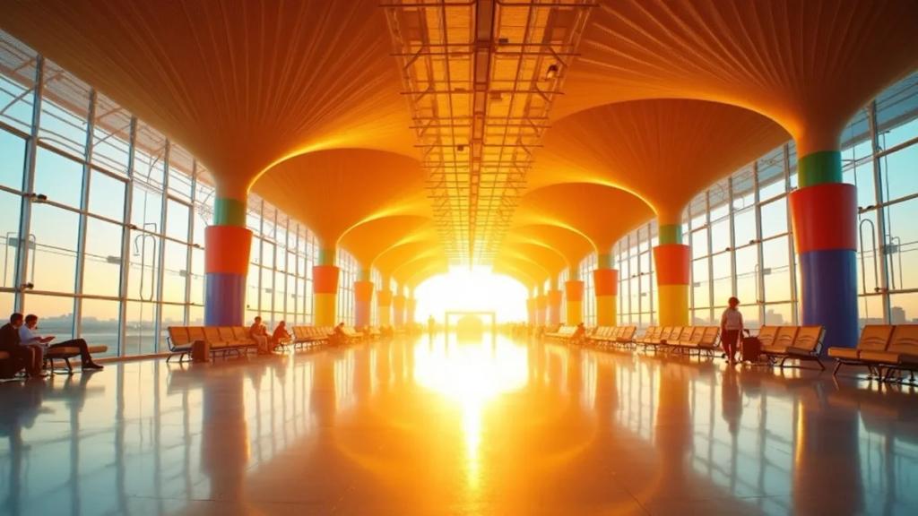 Altın saatte Madrid Barajas T4 terminali, dalga biçimli bambu tavanı ve yolcular