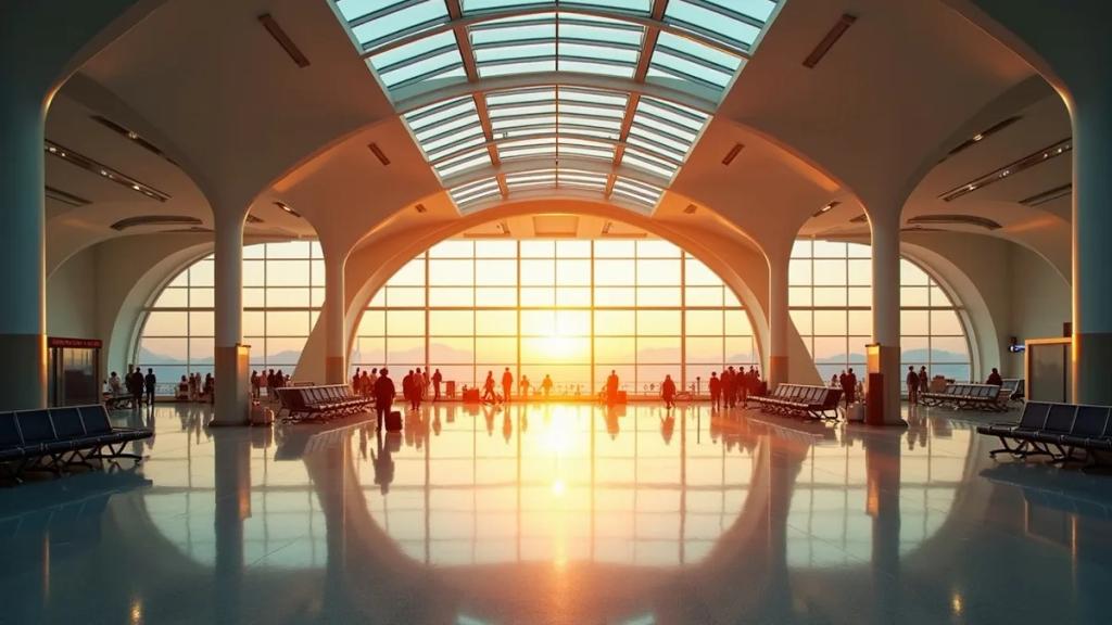 Paris Charles de Gaulle Terminal 2'nin kavisli cam çatısı ve giden yolcu salonuna vuran sabah ışığı