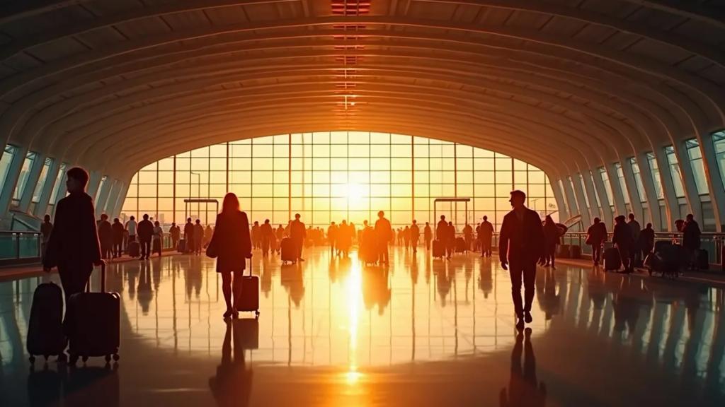 Altın saatte Incheon havalimanı terminali ve kalkış panolarının önünden geçen yolcular