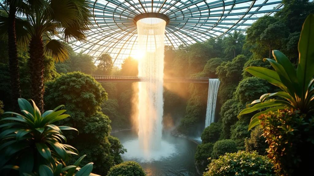 Alacakaranlıkta Jewel Changi Havalimanı'ndaki Rain Vortex şelalesi ve gezinti köprülerindeki yolcular
