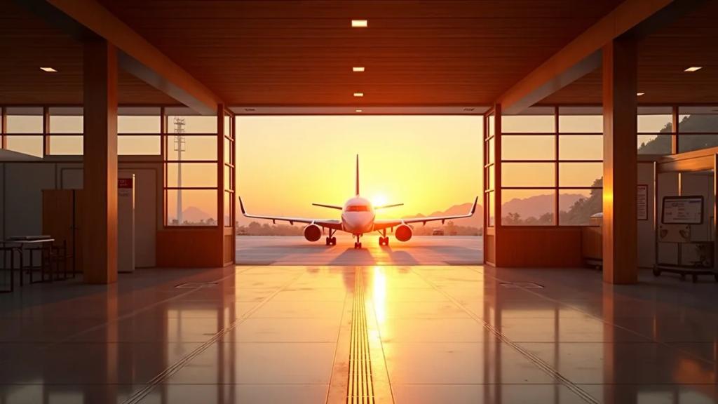 Alacakaranlıkta Tokyo Haneda havalimanı terminali, yolcular ve camın ardındaki şehir silueti
