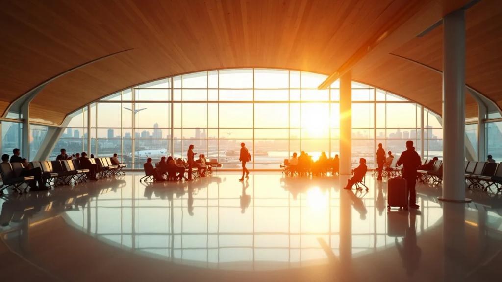 Altın saatte Toronto Pearson havalimanı terminali, kalkış panolarının önünden bavul çeken yolcular