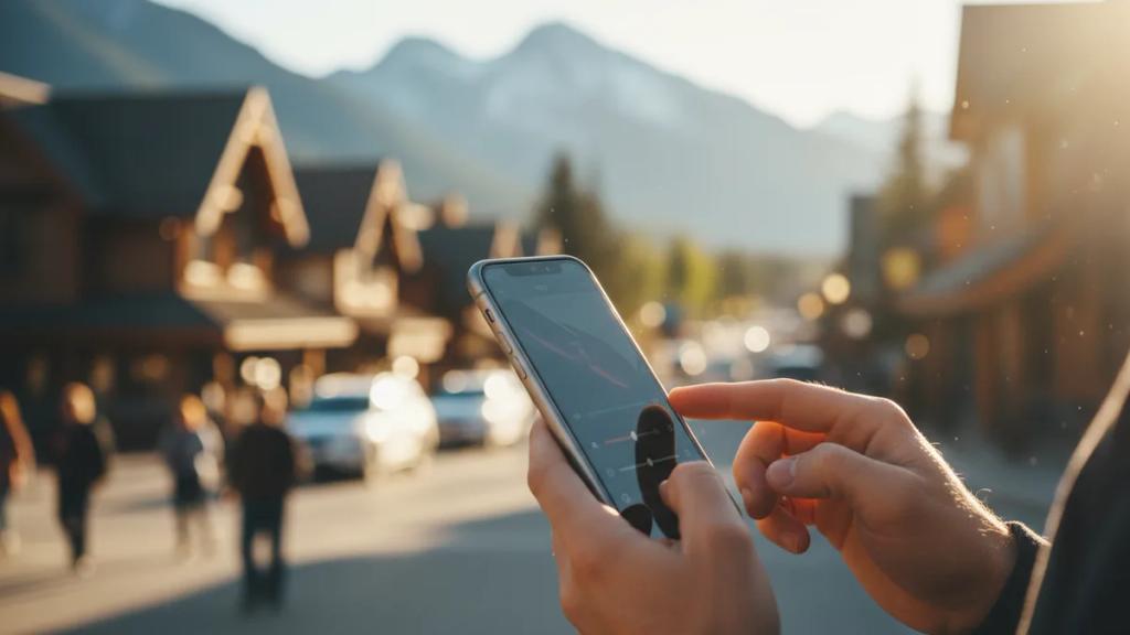 Kanada'da dağ ve göl manzarası önünde telefonuna bakan bir gezgin