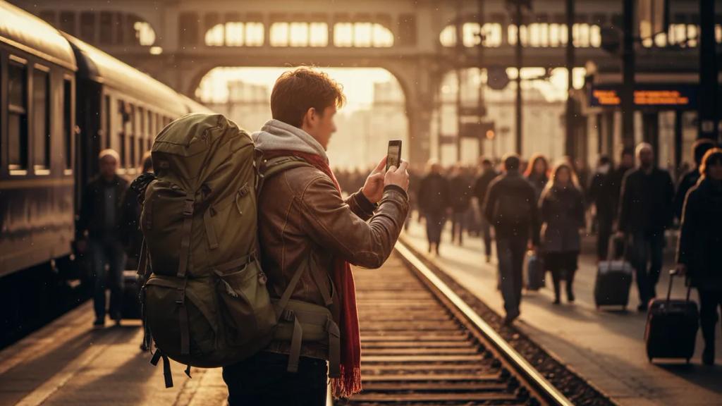 Sırt çantalı bir gezgin tren istasyonunda telefonundan haritaya bakıyor