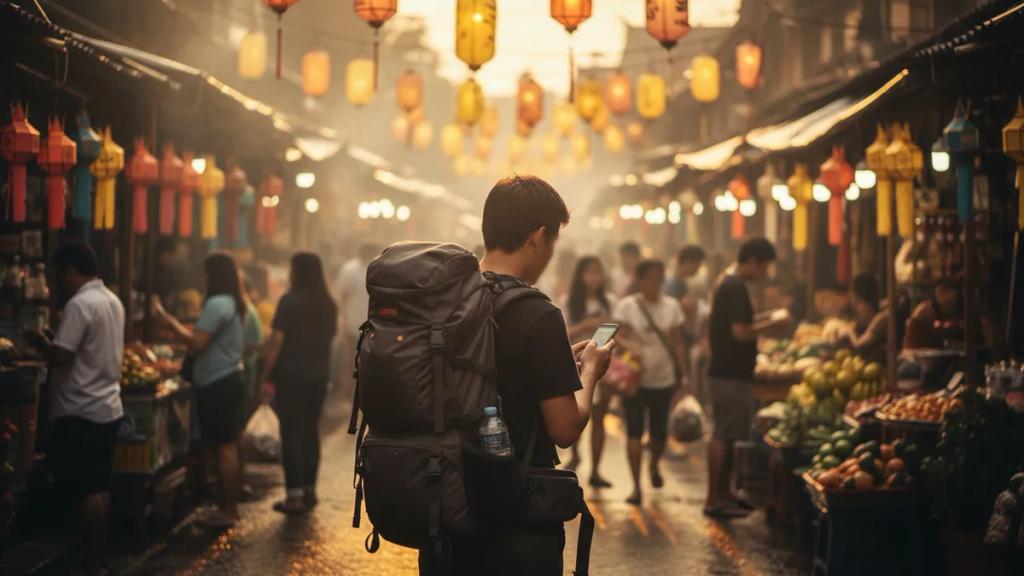 Alacakaranlıkta kalabalık bir Bangkok sokağında tuk-tukların yanında telefonundan haritaya bakan gezgin