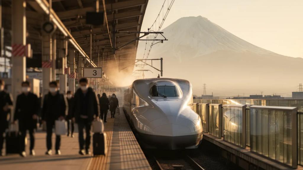 Japon tren istasyonu peronuna yanaşan yüksek hızlı tren ve telefonuna bakan bir yolcu