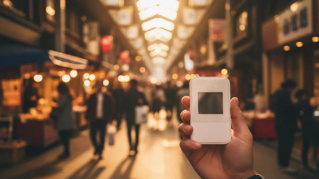 Kalabalık bir Tokyo sokağında taşınabilir Wi-Fi cihazı tutan bir gezgin
