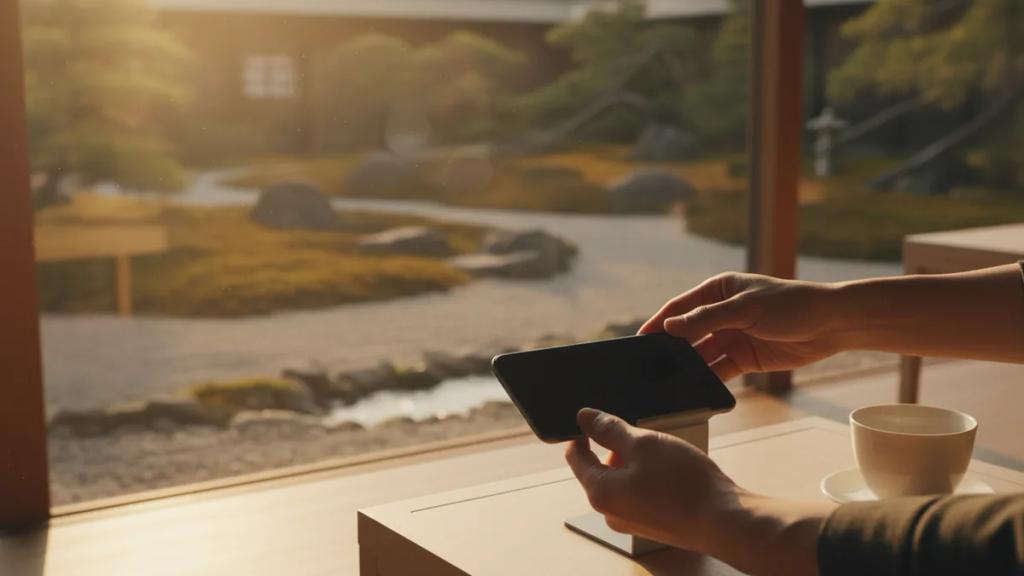 Bir Japonya seyahat programı ve pasaportun yanında hücresel ayarlar ekranını gösteren iPhone