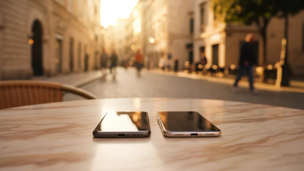 Bir Avrupa şehri fonunda yan yana duran, sinyal çubuğu, sınırsız simgesi ve QR kod gösteren üç akıllı telefon