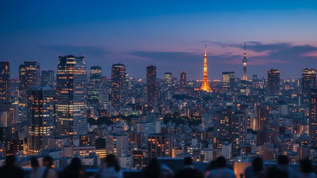 Geceleri neon ışıklarla aydınlanan bir Tokyo sokağı ve sinyal çubukları dolu bir akıllı telefon