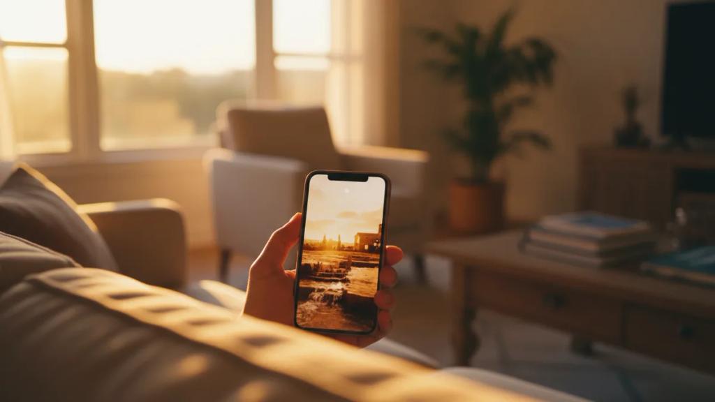 Sinyal çubukları güçlü, aydınlık bir ABD şehrinde telefonundan video izleyen gezgin