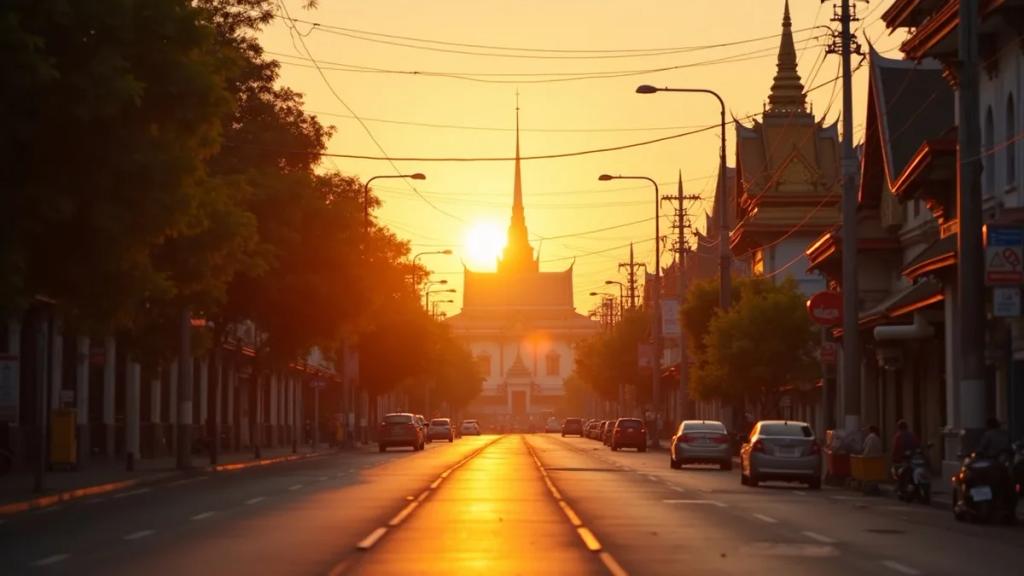 Gün batımında Bangkok sokağında telefonunun çekip çekmediğini kontrol eden gezgin