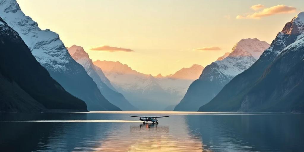 Altın saatte bir Alaska fiyordunda karla kaplı zirvelerin yanında küçük kalan bir yolcu gemisi
