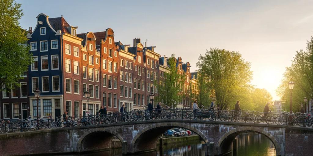 Durgun kanal suyunda yansıyan Amsterdam kanal evleri ve park edilmiş bisikletler