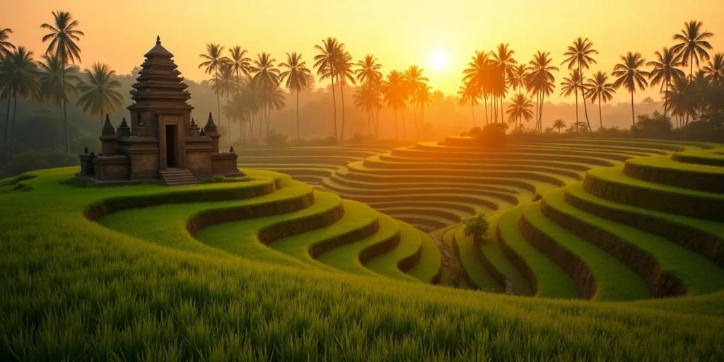 Bali'de Ubud yakınlarında teraslı pirinç tarlaları ve palmiye ağaçları, öğleden sonra geç ışığı altında