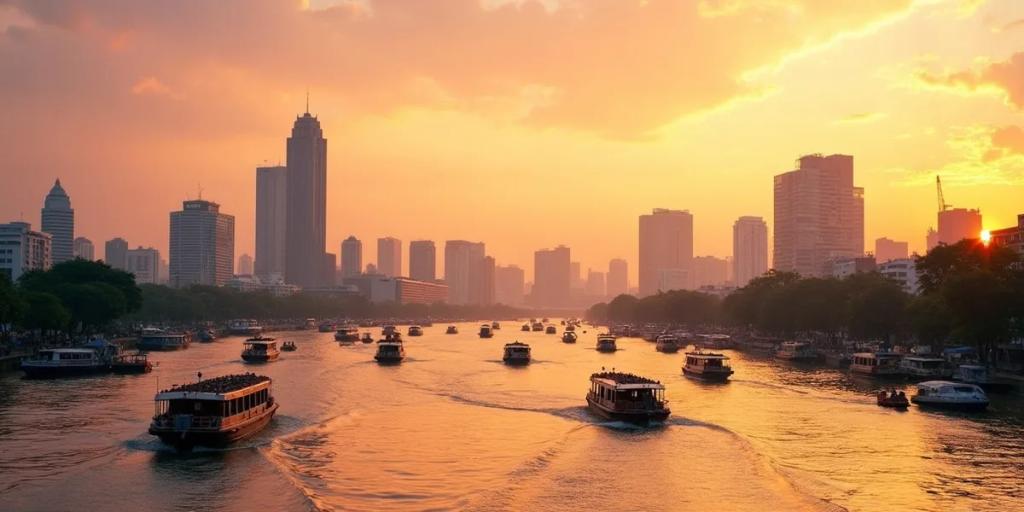 Alacakaranlıkta Bangkok silüeti, Chao Phraya nehri ve karşıdan geçen bir BTS Skytrain ile