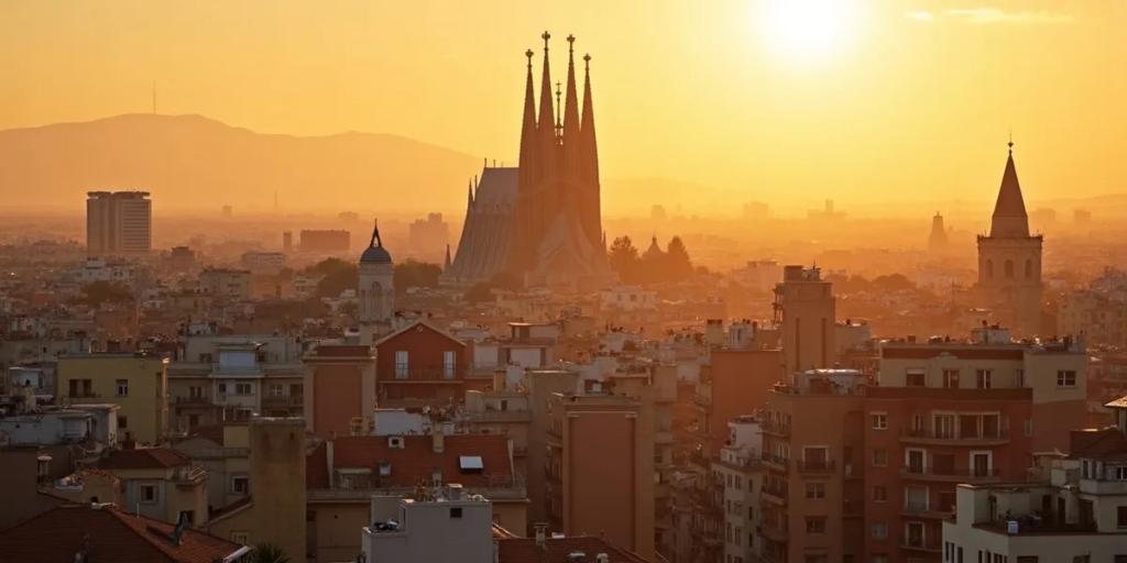 Altın saat ışığında Barcelona'nın çatıları ve Sagrada Familia