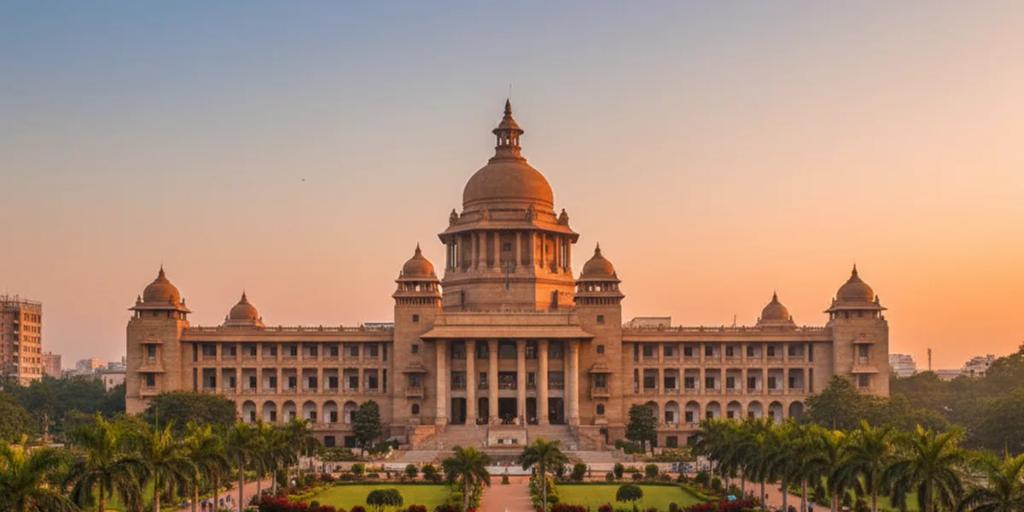 Bengaluru'da bakımlı bahçelerin üzerinde yükselen Vidhana Soudha'nın görkemli granit cephesi