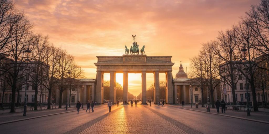 Altın saat ışığında parlayan Brandenburg Kapısı ve önündeki bomboş Pariser Platz