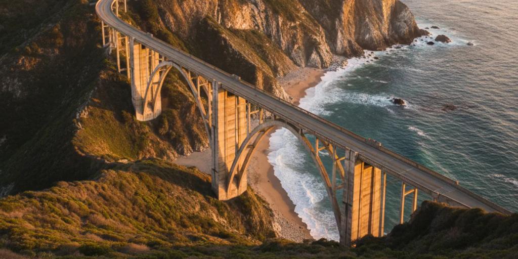 Big Sur kıyısındaki Bixby Bridge, 1. Otoyol'un uçurumlarına vuran sabah ışığıyla