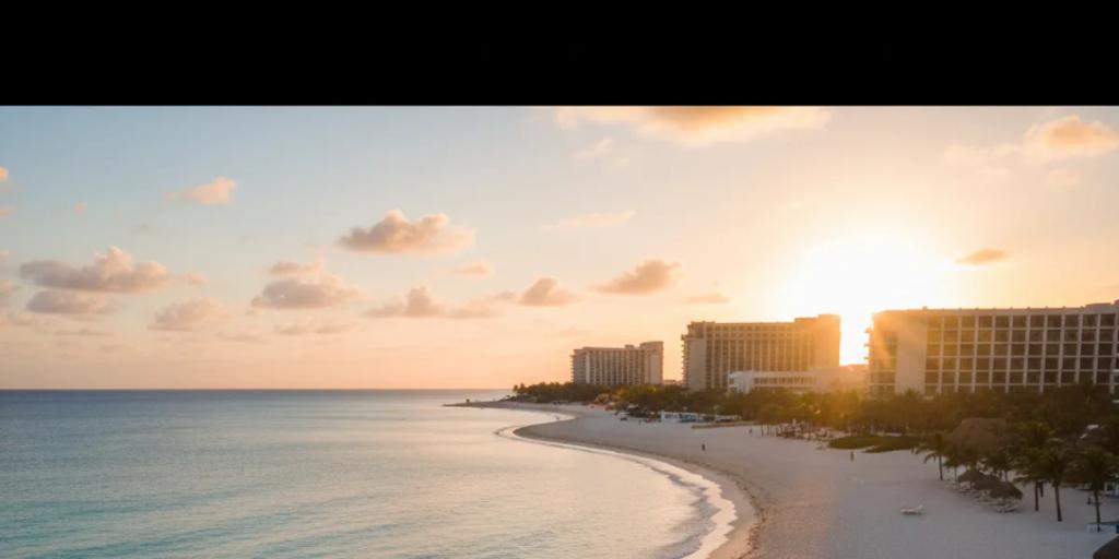 Gün doğumunda Cancun otel bölgesi plajının kavisi, turkuaz Karayip suyunun beyaz kumla buluşması