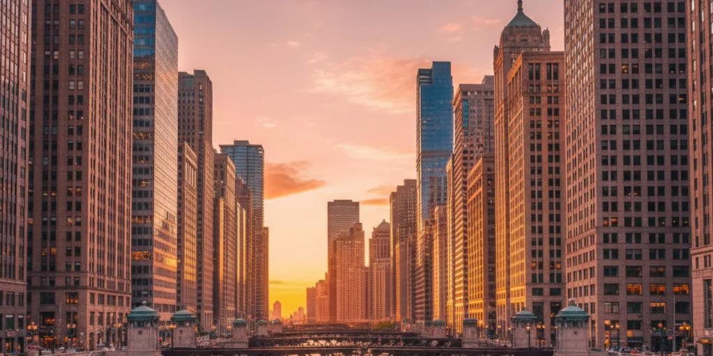 Berrak bir sabahta şehir merkezindeki gökdelenler arasında kıvrılan Chicago Nehri
