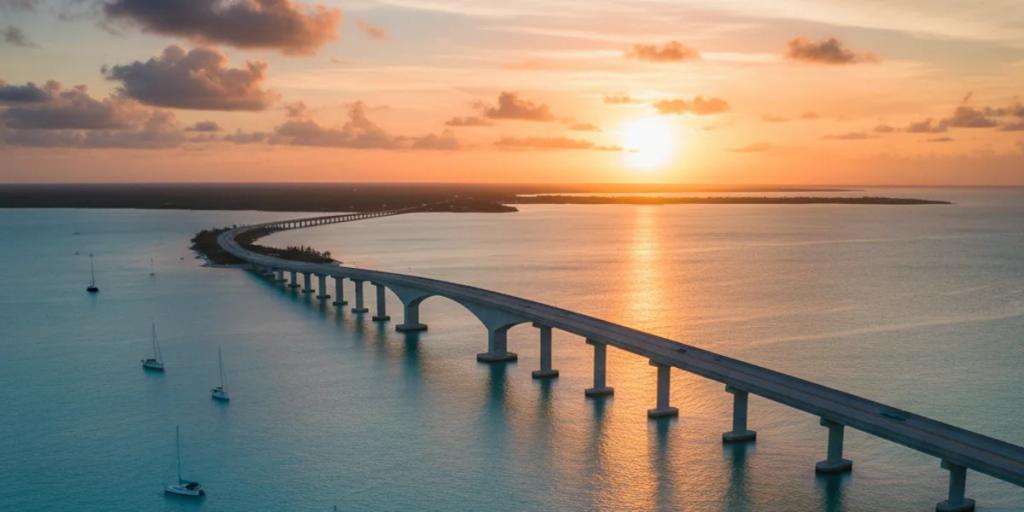Florida Keys'e doğru turkuaz suyun üzerinde uzanan Overseas Highway