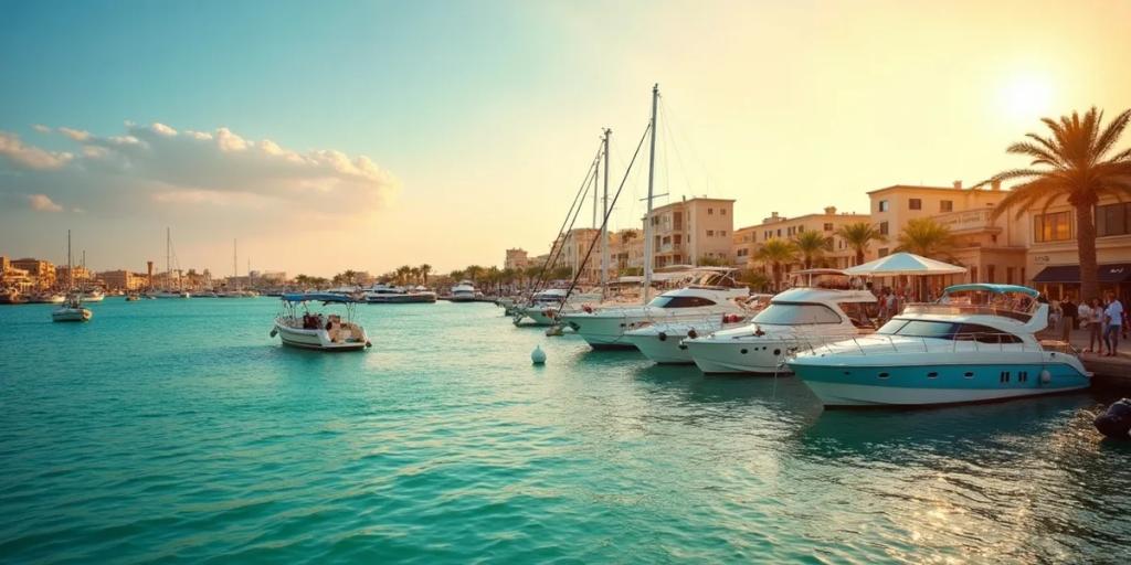 Hurghada'nın Kızıldeniz marinası, gezinti yolu boyunca demirlemiş dalış tekneleriyle