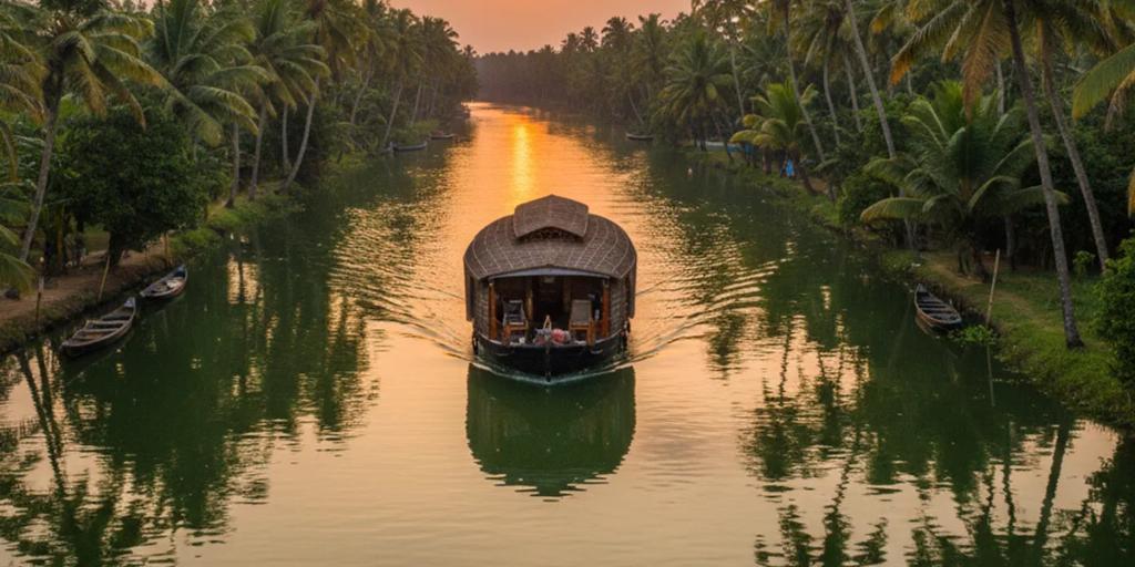 Gün doğumunda palmiyelerle çevrili durgun sularda süzülen geleneksel bir Kerala tekne evi