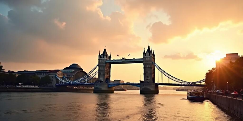 Alacakaranlıkta Thames üzerindeki Londra silüeti, Tower Bridge ve şehir merkezi