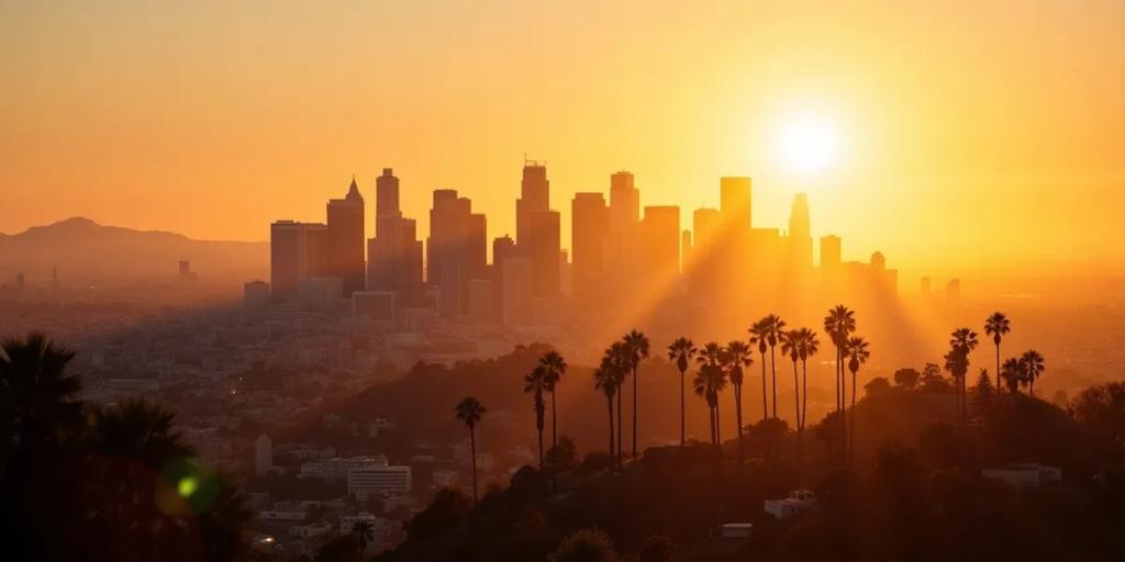 Alacakaranlıkta Los Angeles otoyol kavşağı, şehir merkezi silüeti ve palmiye ağaçları