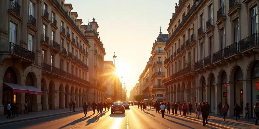 Alacakaranlıkta Madrid'de Gran Via, Metropolis binası ve akşam trafiği