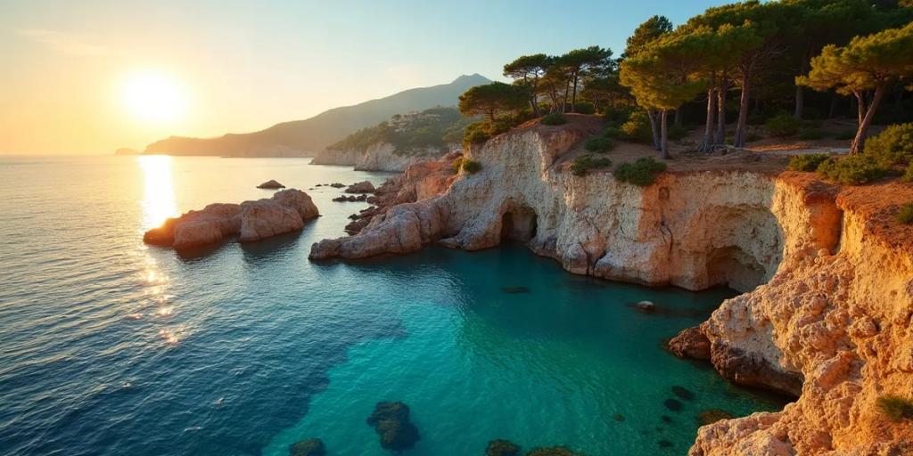 Mallorca kıyısında çam kaplı uçurumlarla çevrelenmiş turkuaz bir koy
