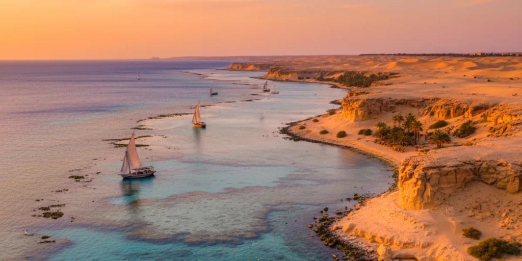 Marsa Alam yakınında resif sığlıklarının çıplak çöl kıyısıyla buluştuğu turkuaz bir Kızıldeniz lagünü