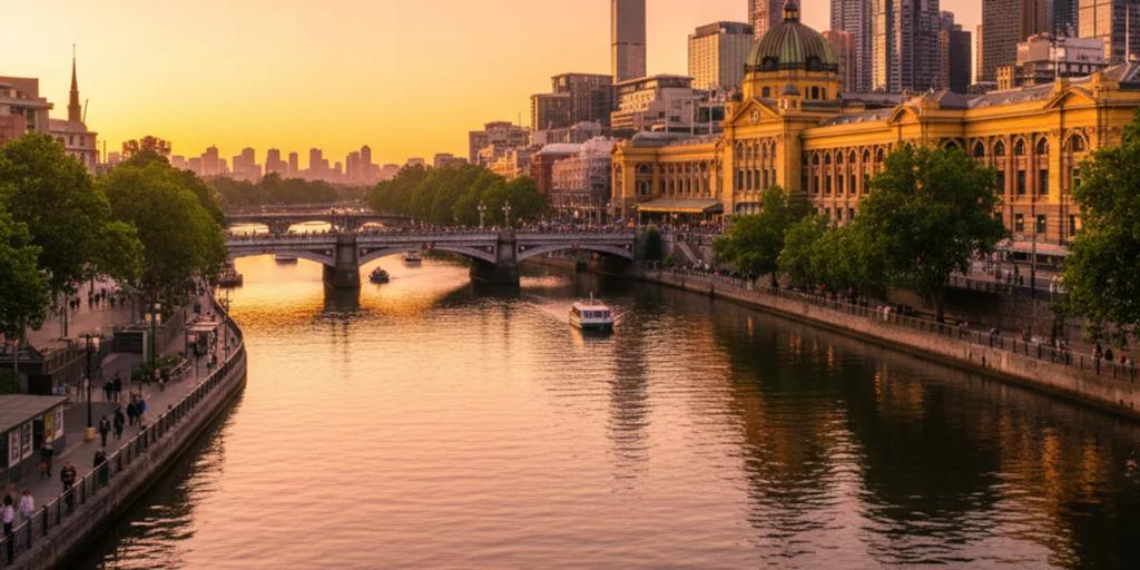 Merkezi Melbourne'de altın saatte aydınlanan Yarra Nehri ve Flinders Street İstasyonu