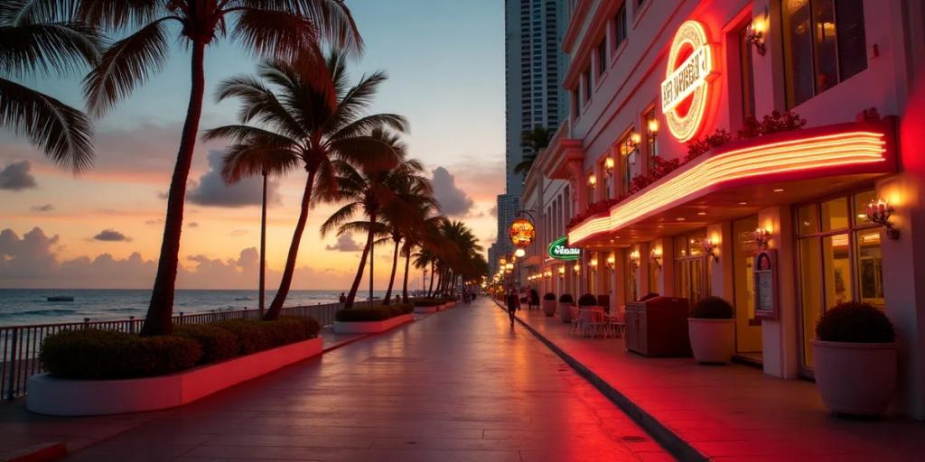 Altın saatte Miami Beach'te Ocean Drive'ın art deco cepheleri ve palmiye ağaçları