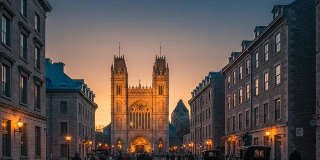 Eski Montreal'de Notre-Dame Bazilikası'nın ikiz kulelerine uzanan arnavut kaldırımlı sokak