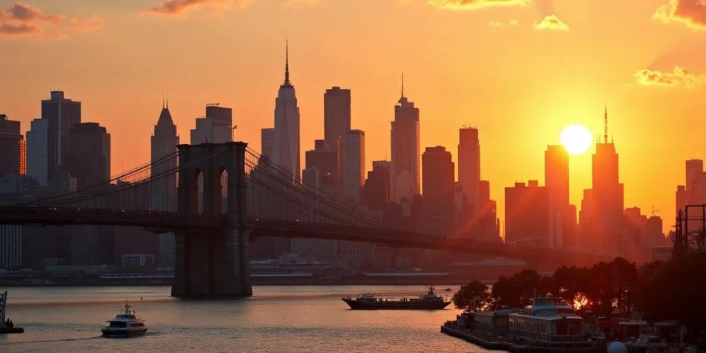 Alacakaranlıkta Manhattan silüeti ve ışıklı reklam panolarıyla kalabalık bir yaya geçidi