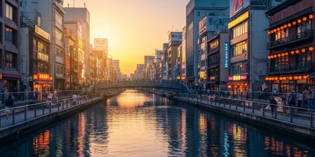 Gece Dotonbori kanalı, neon tabelalar suya yansıyor