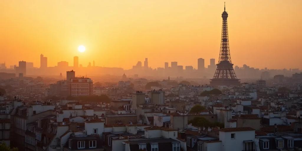 Alacakaranlıkta Paris çatıları, Eyfel Kulesi Haussmann cephelerinin üzerinde yükseliyor