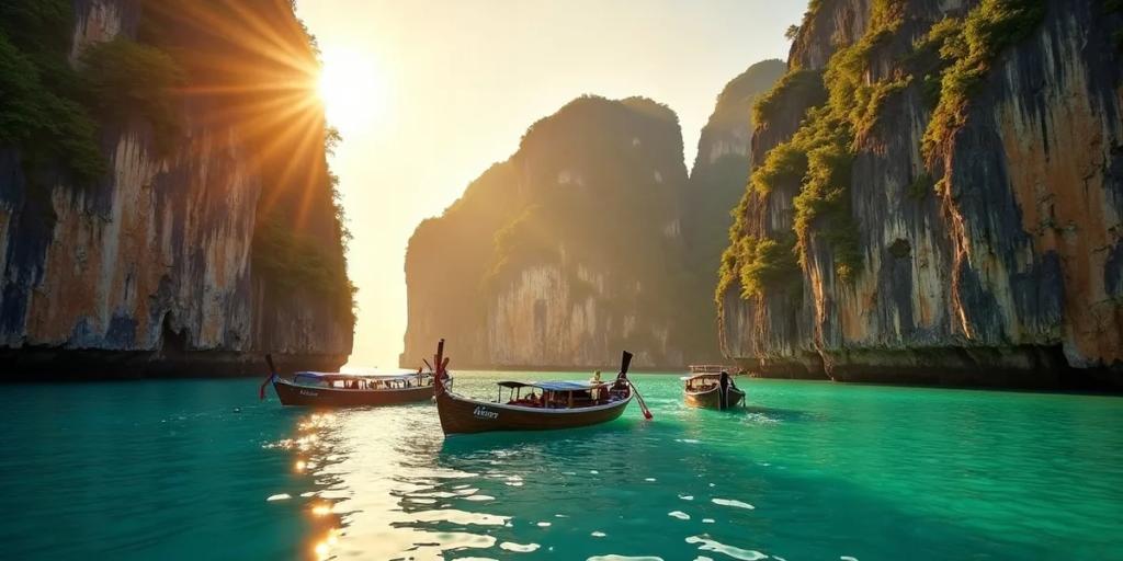 Altın saatte bir Phuket plajında longtail tekneleri, arkada yeşil burunlar