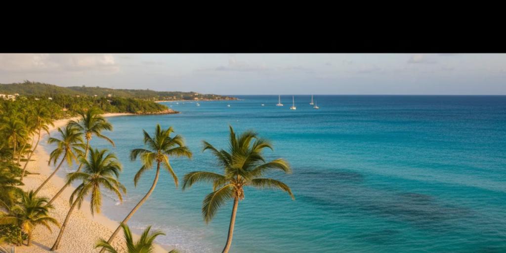 Punta Cana'da beyaz kumlu bir Karayip plajına ve turkuaz suya doğru eğilen palmiye ağaçları